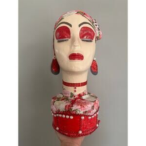 Paper Mache Head Art woman girl handmade mannequin red floral decor vase